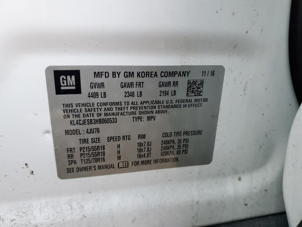 2017 Buick Encore VIN KL4CJESB3HB060533 Copart auction photo, rear end damage thumbnail 13