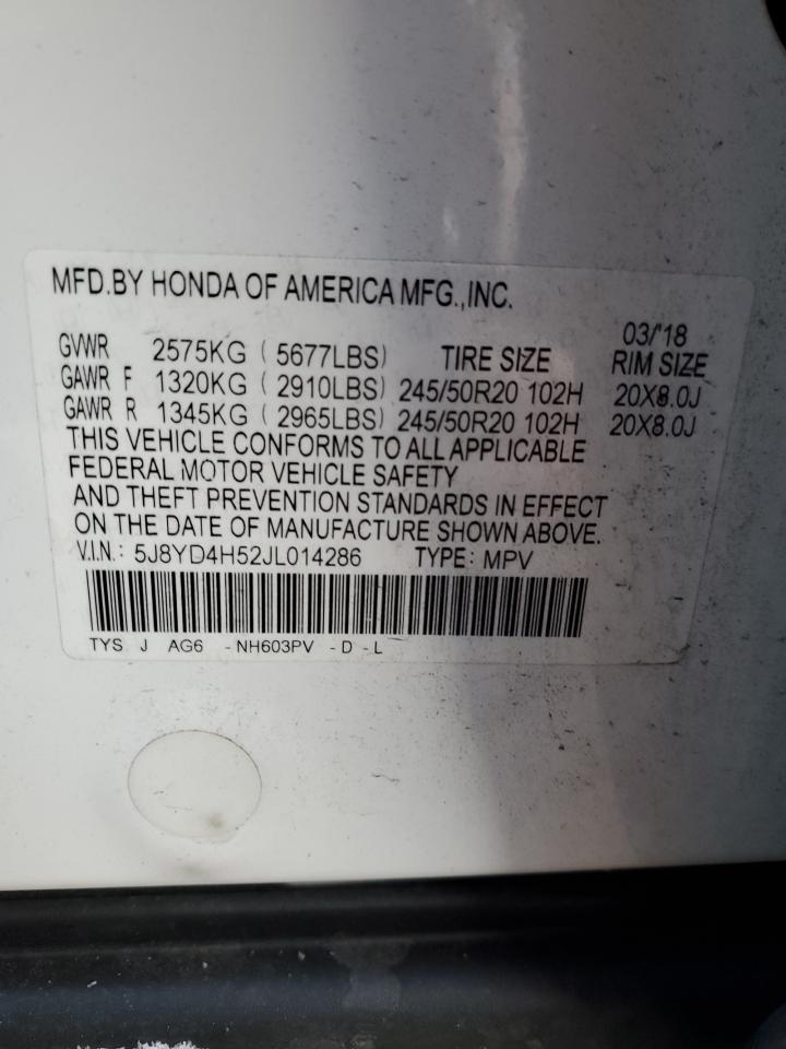 2018 Acura MDX VIN 5J8YD4H52JL014286 Copart auction photo, front end / rear end damage thumbnail 16