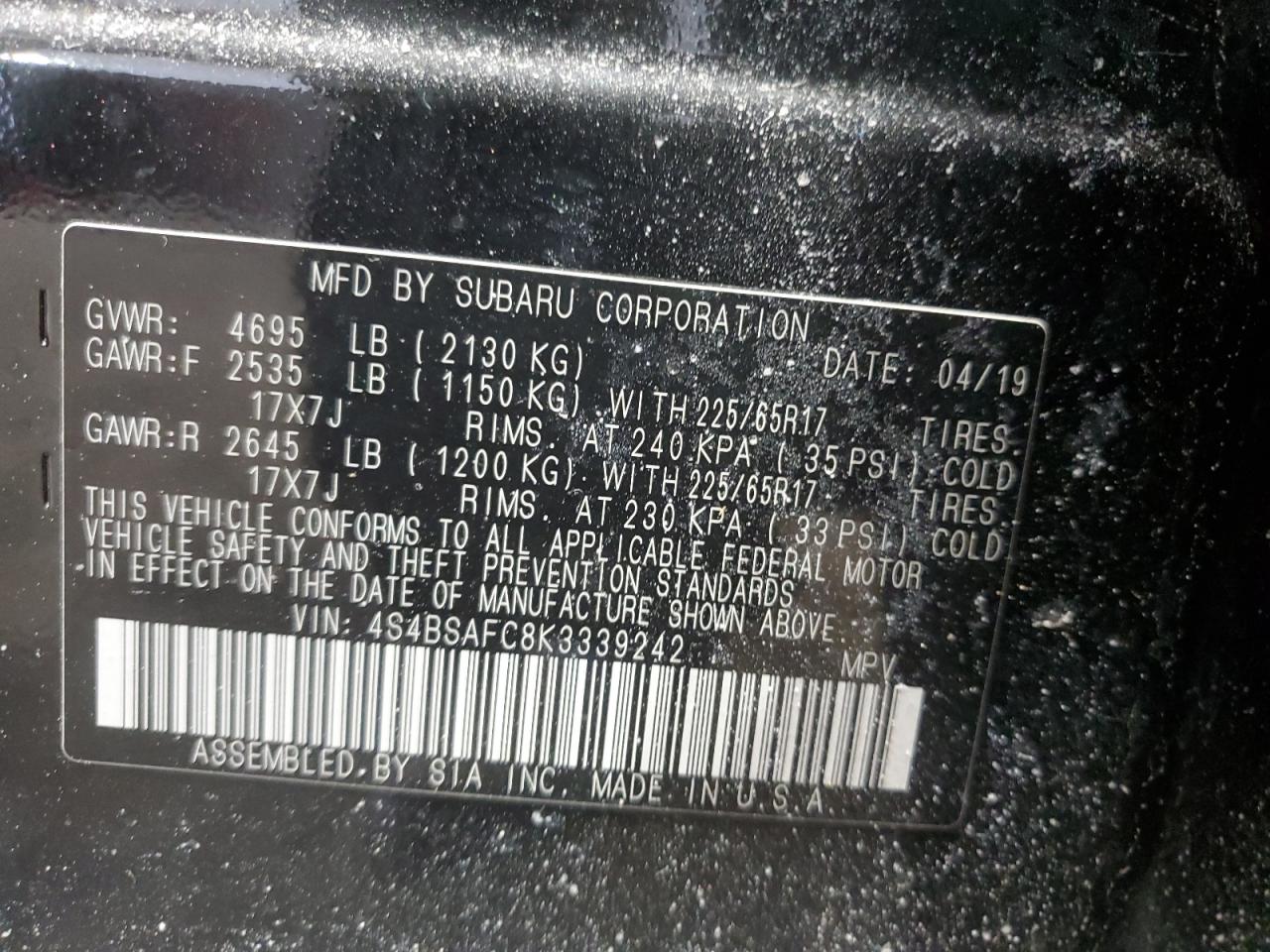 2019 Subaru Outback VIN 4S4BSAFC8K3339242 Copart auction photo, front end / top/roof damage thumbnail 14
