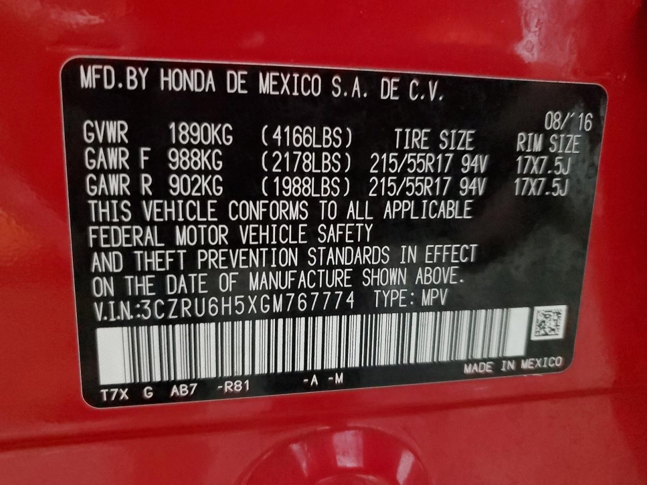 2016 Honda HR-V VIN 3CZRU6H5XGM767774 Copart auction photo, front end damage thumbnail 14