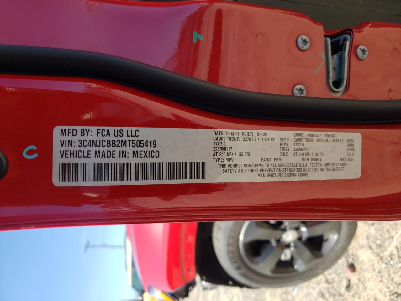 2021 Jeep Compass VIN 3C4NJCBB2MT505419 Copart auction photo, front end / side damage thumbnail 14