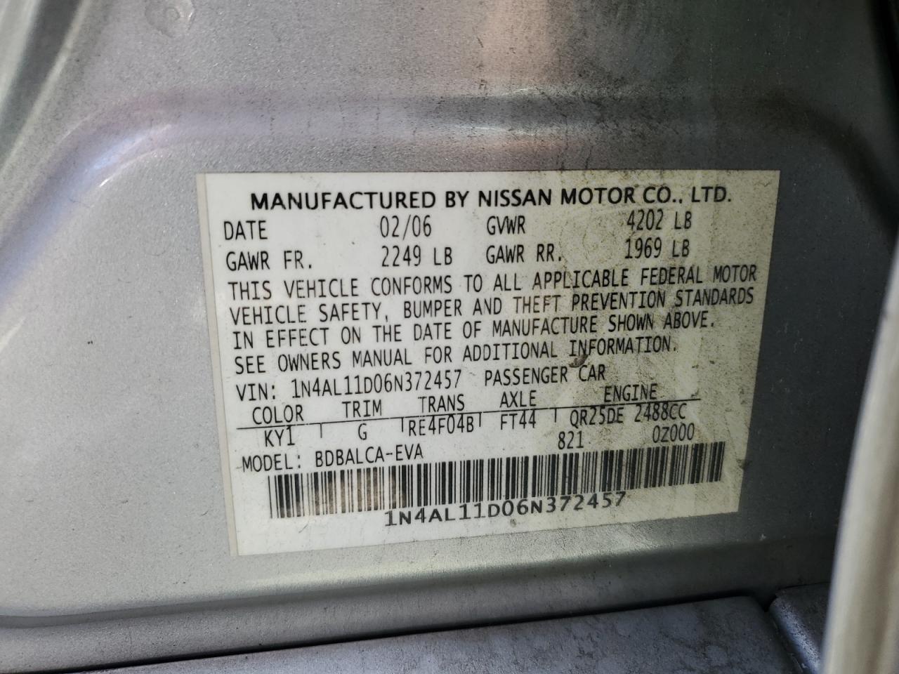 2006 Nissan Altima VIN 1N4AL11D06N372457 Copart auction photo, minor dent/scratches damage thumbnail 12