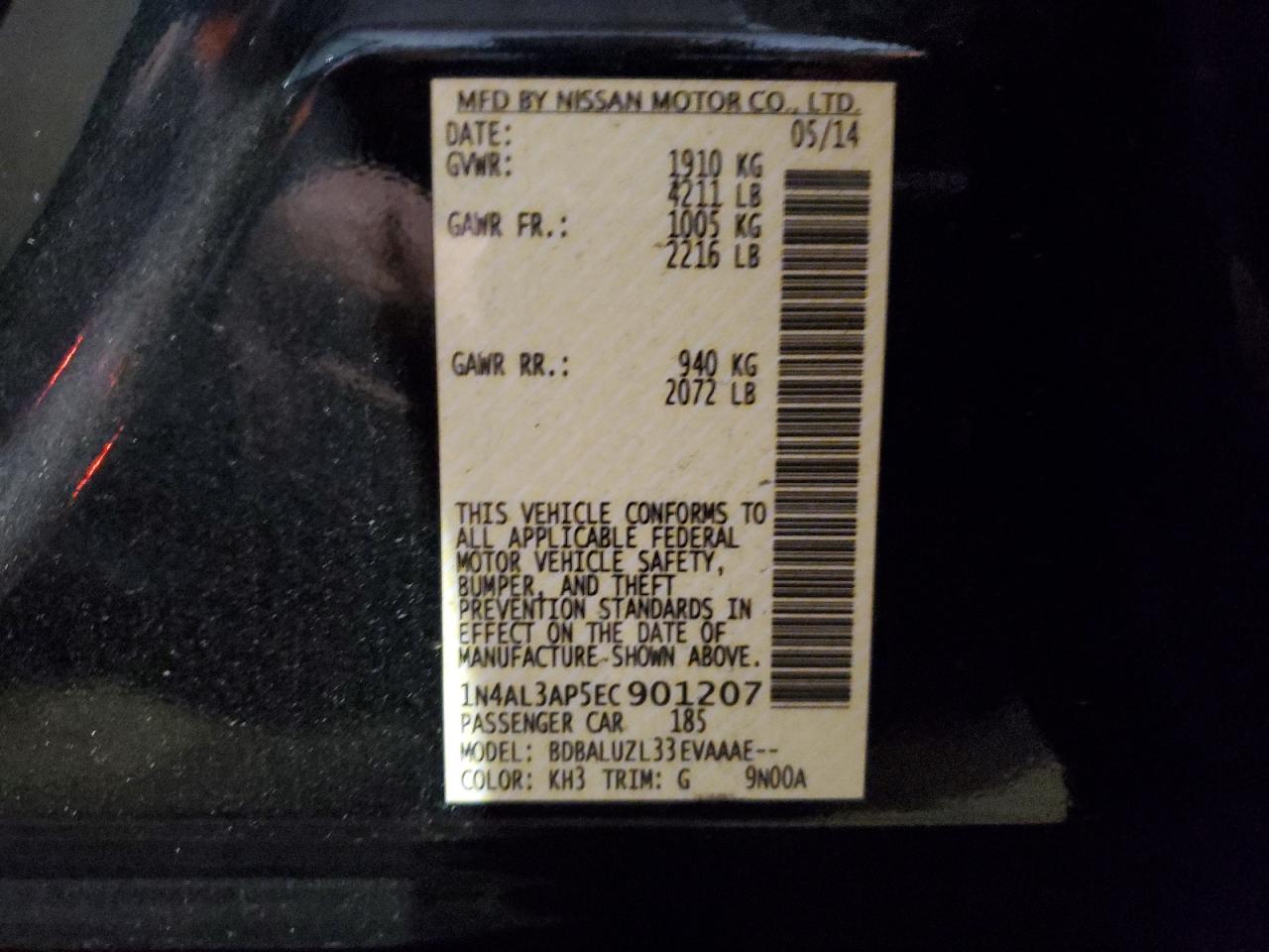 2014 Nissan Altima VIN 1N4AL3AP5EC901207 Copart auction photo, side / minor dent/scratches damage thumbnail 12