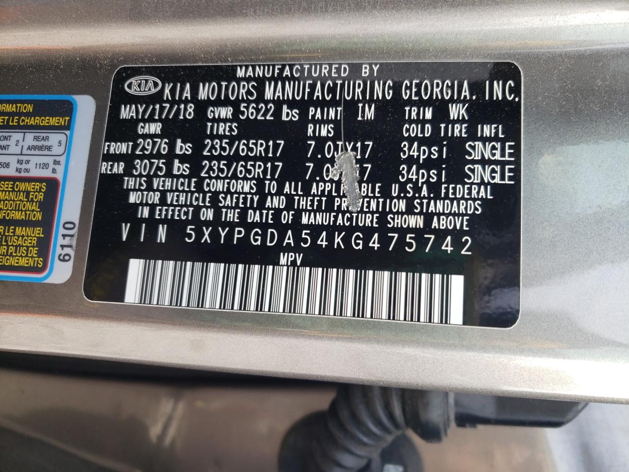 2019 KIA Sorento VIN 5XYPGDA54KG475742 Copart auction photo, front end / undercarriage damage thumbnail 16
