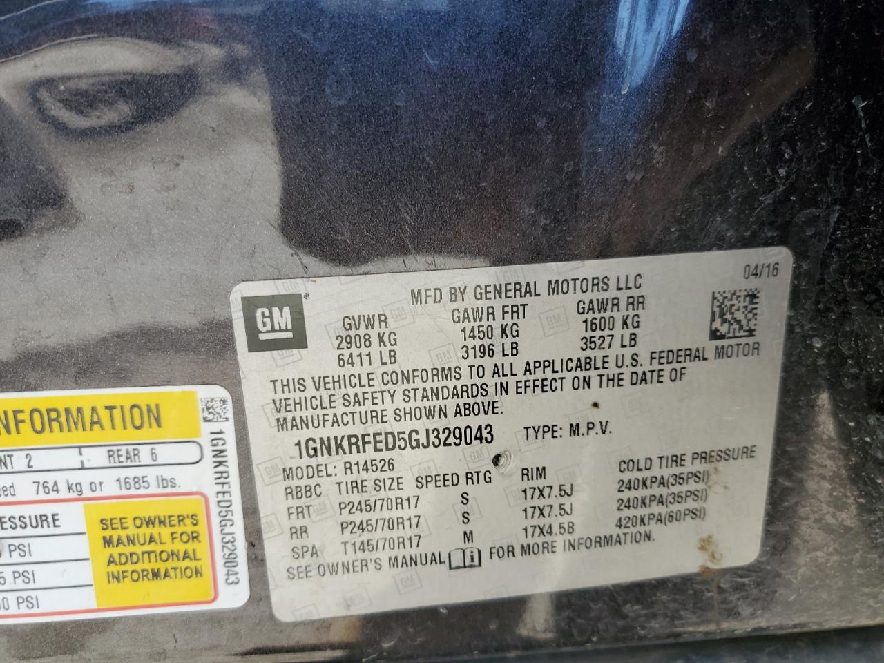2016 Chevrolet Traverse VIN 1GNKRFED5GJ329043 Copart auction photo, front end damage thumbnail 13