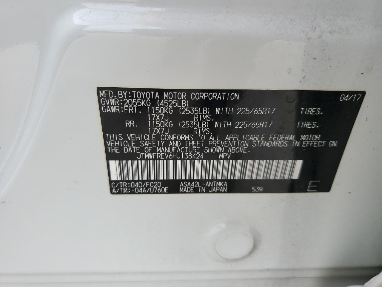 2017 Toyota RAV 4 VIN JTMWFREV6HJ138424 Copart auction photo, water/flood damage thumbnail 14