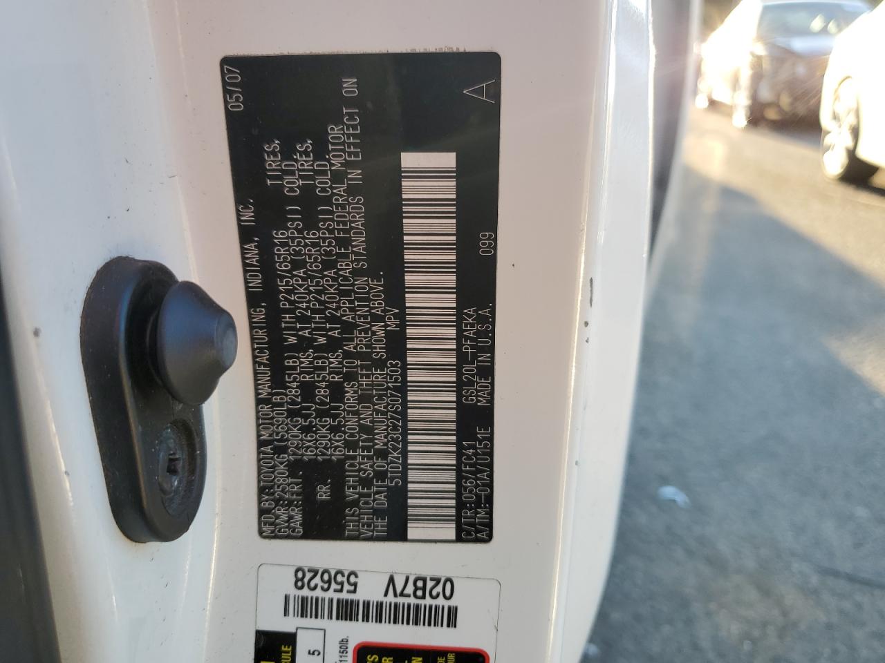 2007 Toyota Sienna VIN 5TDZK23C27S071503 Copart auction photo, all over damage thumbnail 13