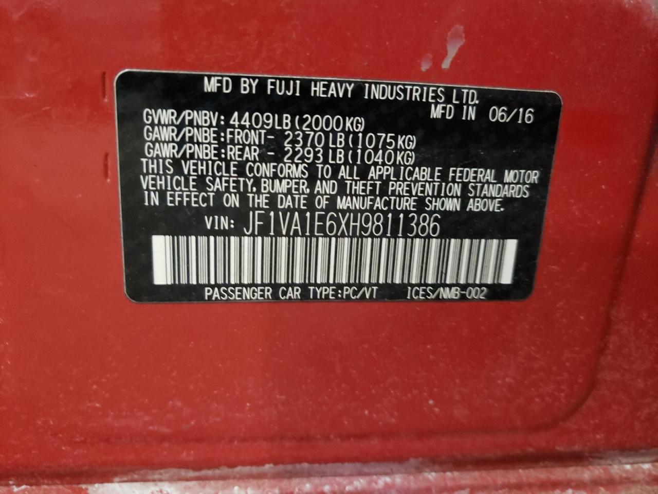 2017 Subaru WRX VIN JF1VA1E6XH9811386 Copart auction photo, front end damage thumbnail 14