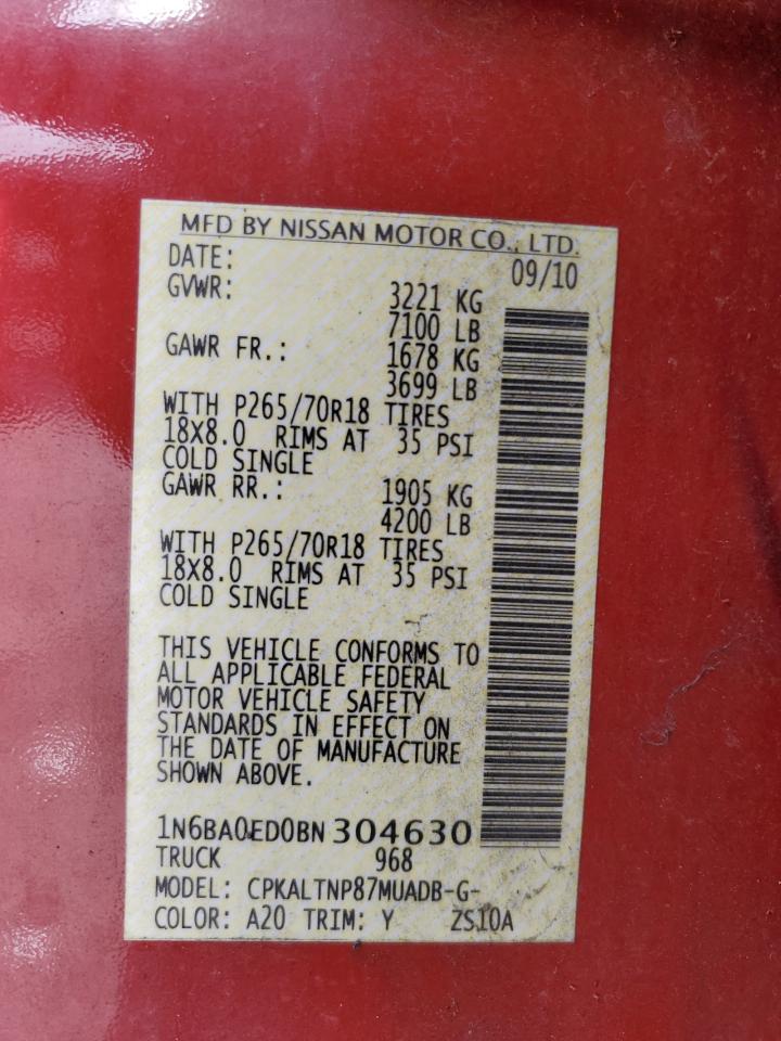 2011 Nissan Titan VIN 1N6BA0ED0BN304630 Copart auction photo, side damage thumbnail 12