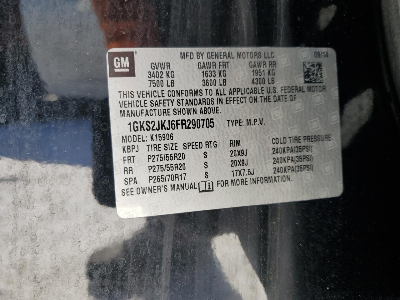 2015 GMC Yukon VIN 1GKS2JKJ6FR290705 Copart auction photo, front end damage thumbnail 15