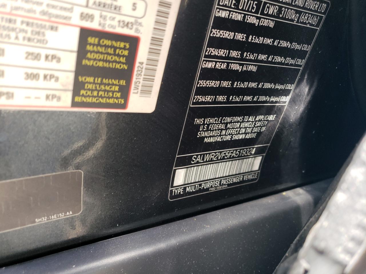2015 Land Rover Range Rover VIN SALWR2VF5FA519324 Copart auction photo, front end / side damage thumbnail 12