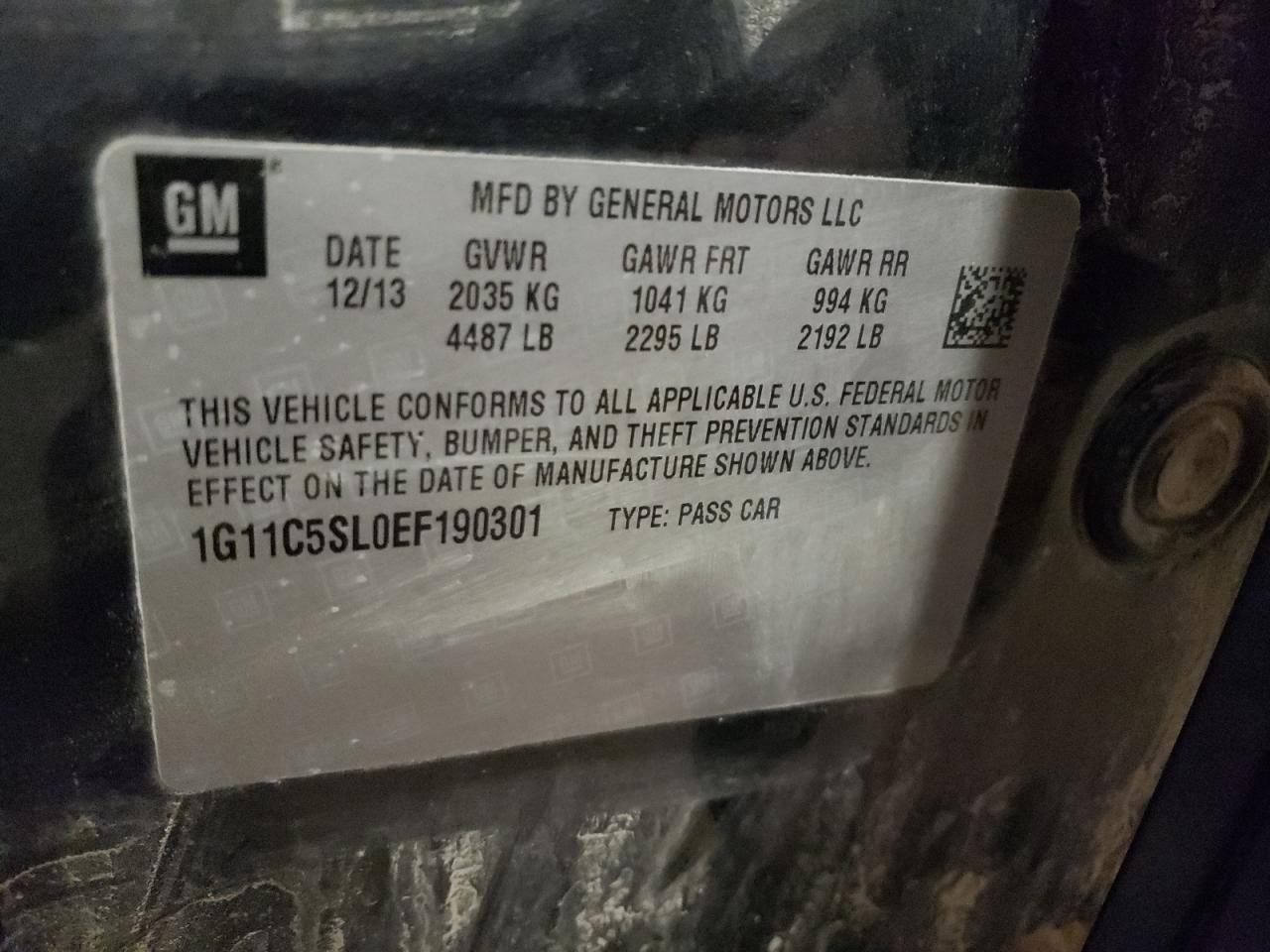 2014 Chevrolet Malibu VIN 1G11C5SL0EF190301 Copart auction photo, front end / minor dent/scratches damage thumbnail 14