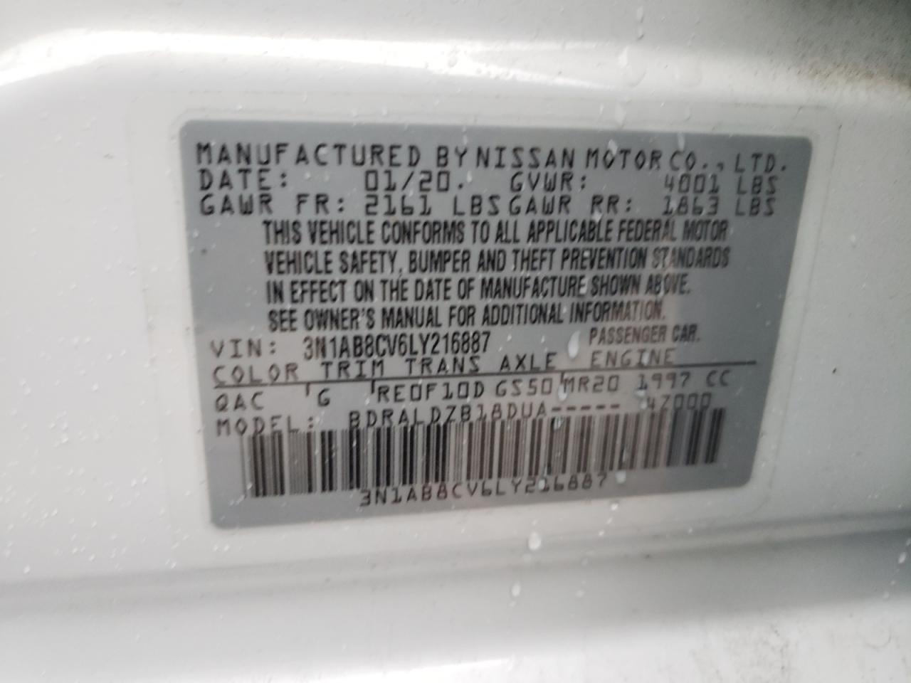 2020 Nissan Sentra VIN 3N1AB8CV6LY216887 Copart auction photo, front end / side damage thumbnail 15