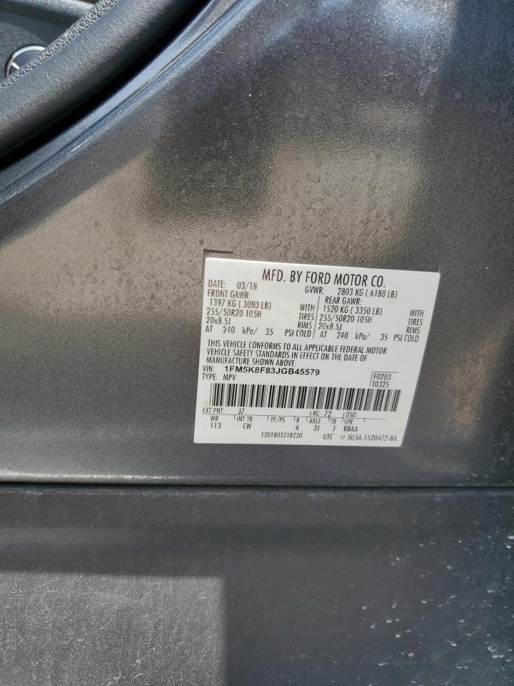 2018 Ford Explorer VIN 1FM5K8F83JGB45579 Copart auction photo, all over damage thumbnail 14