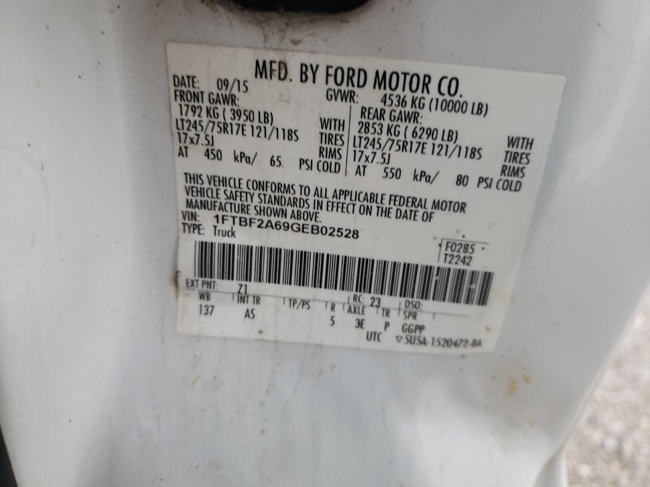 2016 Ford F250 VIN 1FTBF2A69GEB02528 Copart auction photo, front end damage thumbnail 12