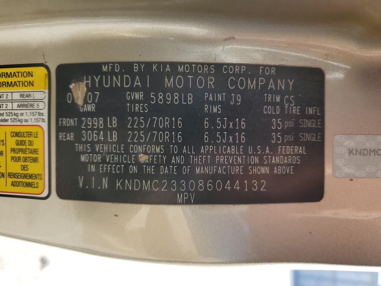 2008 Hyundai Entourage VIN KNDMC233086044132 Copart auction photo, front end / side damage thumbnail 14