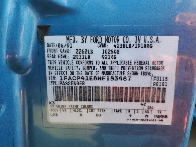 1991 Ford Mustang VIN 1FACP41E8MF183487 Copart auction photo, minor dent/scratches damage thumbnail 12