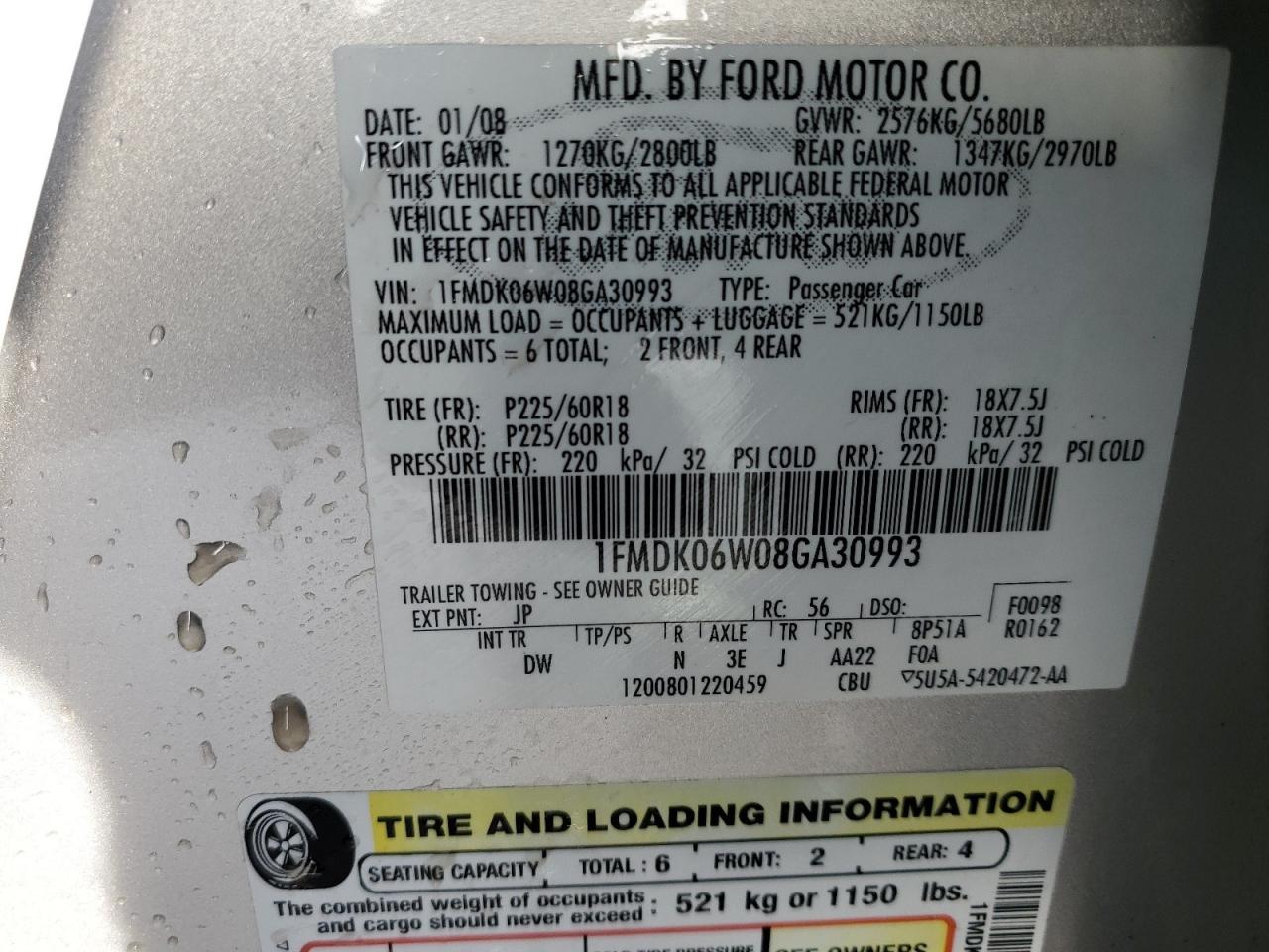 2008 Ford Taurus VIN 1FMDK06W08GA30993 Copart auction photo, front end / side damage thumbnail 14