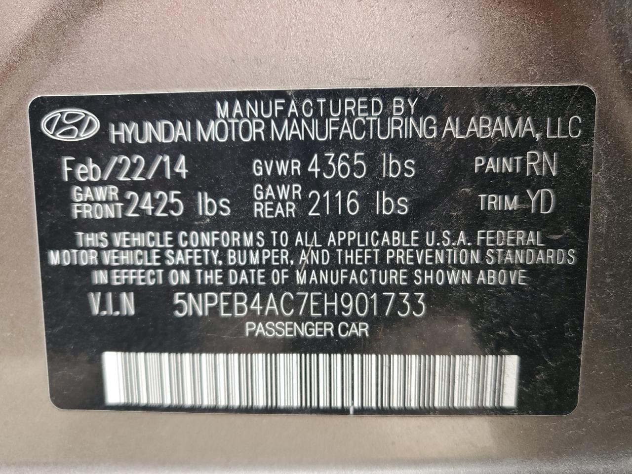2014 Hyundai Sonata VIN 5NPEB4AC7EH901733 Copart auction photo, all over / undercarriage damage thumbnail 12