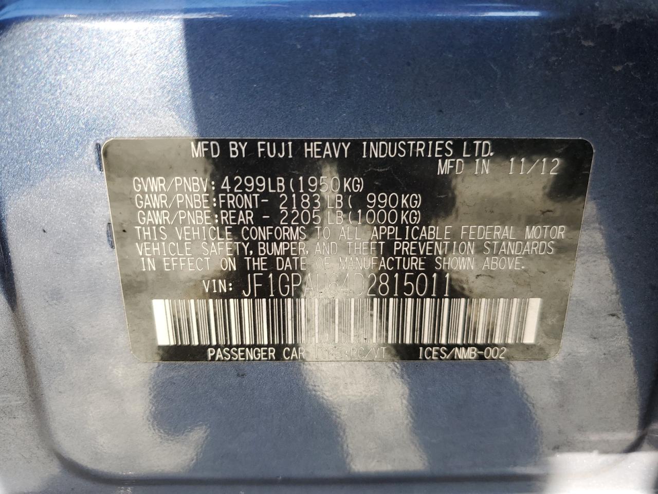 2013 Subaru Impreza VIN JF1GPAU64D2815011 Copart auction photo, rear end damage thumbnail 13
