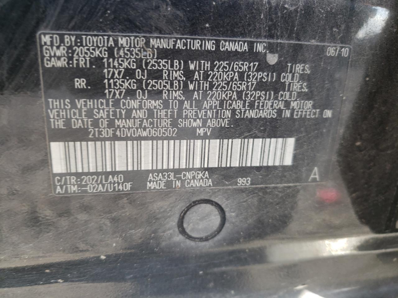 2010 Toyota RAV 4 VIN 2T3DF4DV0AW060502 Copart auction photo, front end / minor dent/scratches damage thumbnail 13