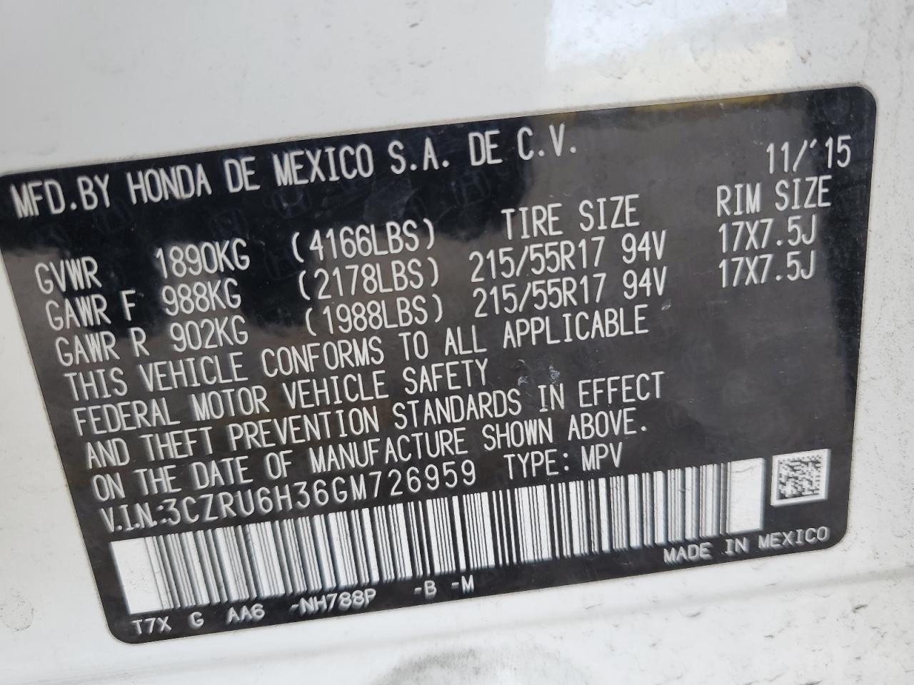 2016 Honda HR-V VIN 3CZRU6H36GM726959 Copart auction photo, front end damage thumbnail 13