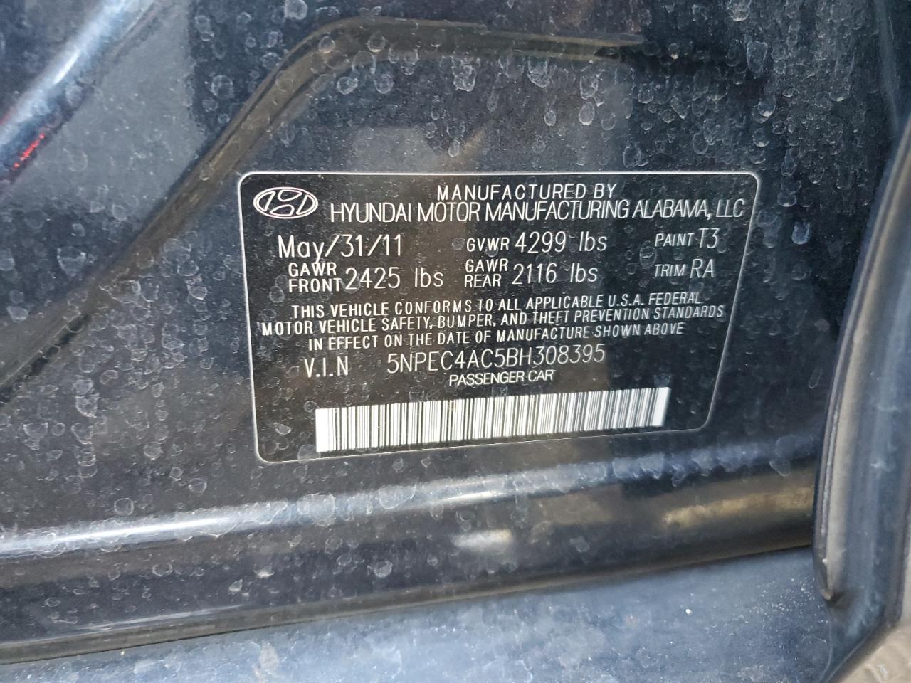 2011 Hyundai Sonata VIN 5NPEC4AC5BH308395 Copart auction photo, rear end damage thumbnail 12