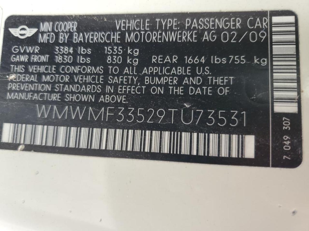 2009 MINI Cooper VIN WMWMF33529TU73531 Copart auction photo, front end damage thumbnail 15