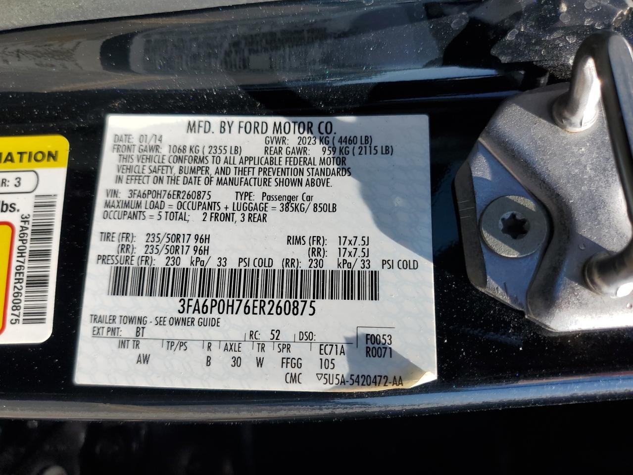 2014 Ford Fusion VIN 3FA6P0H76ER260875 Copart auction photo, front end damage thumbnail 12