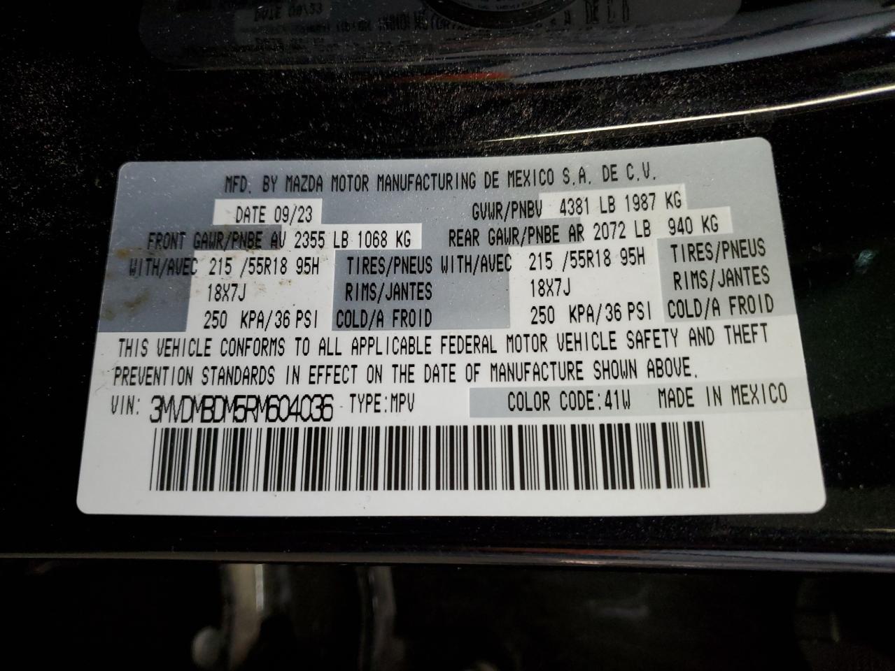 2024 Mazda CX-30 VIN 3MVDMBDM5RM604036 Copart auction photo, side / rear end damage thumbnail 13