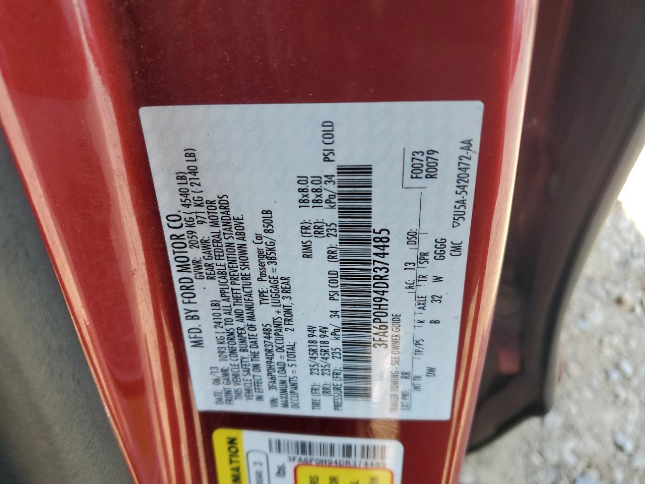 2013 Ford Fusion VIN 3FA6P0H94DR374485 Copart auction photo, mechanical damage thumbnail 12