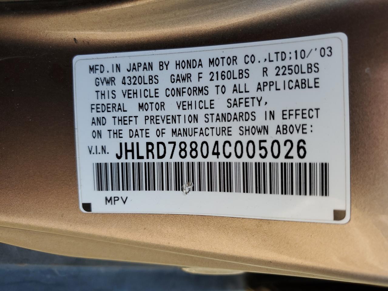 2004 Honda CR-V VIN JHLRD78804C005026 Copart auction photo, rear end / undercarriage damage thumbnail 13