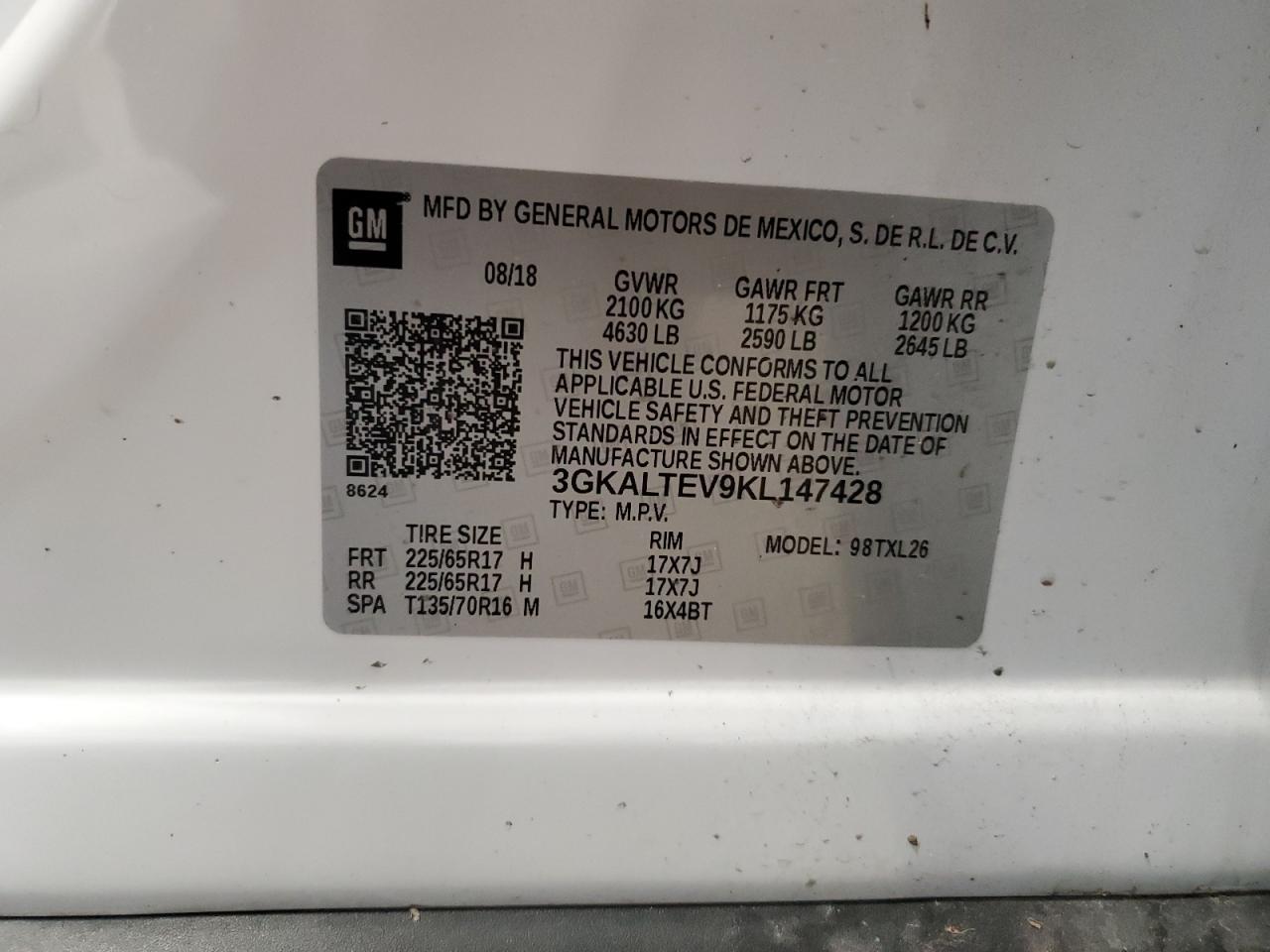 2019 GMC Terrain VIN 3GKALTEV9KL147428 Copart auction photo, all over damage thumbnail 15