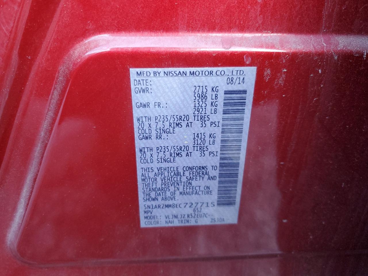 2014 Nissan Pathfinder VIN 5N1AR2MM8EC727715 Copart auction photo, front end damage thumbnail 15