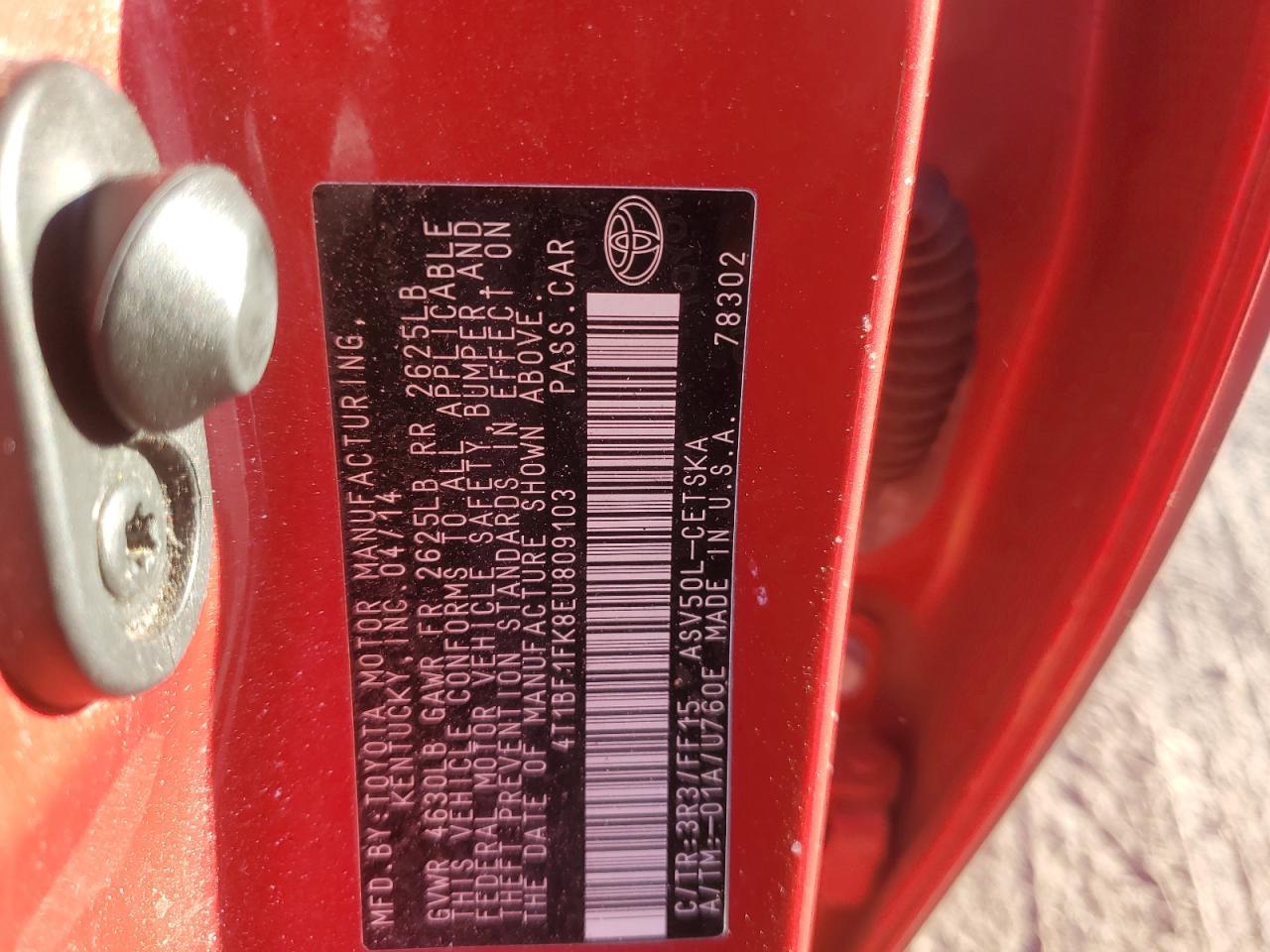 2014 Toyota Camry VIN 4T1BF1FK8EU809103 Copart auction photo, front end / minor dent/scratches damage thumbnail 12