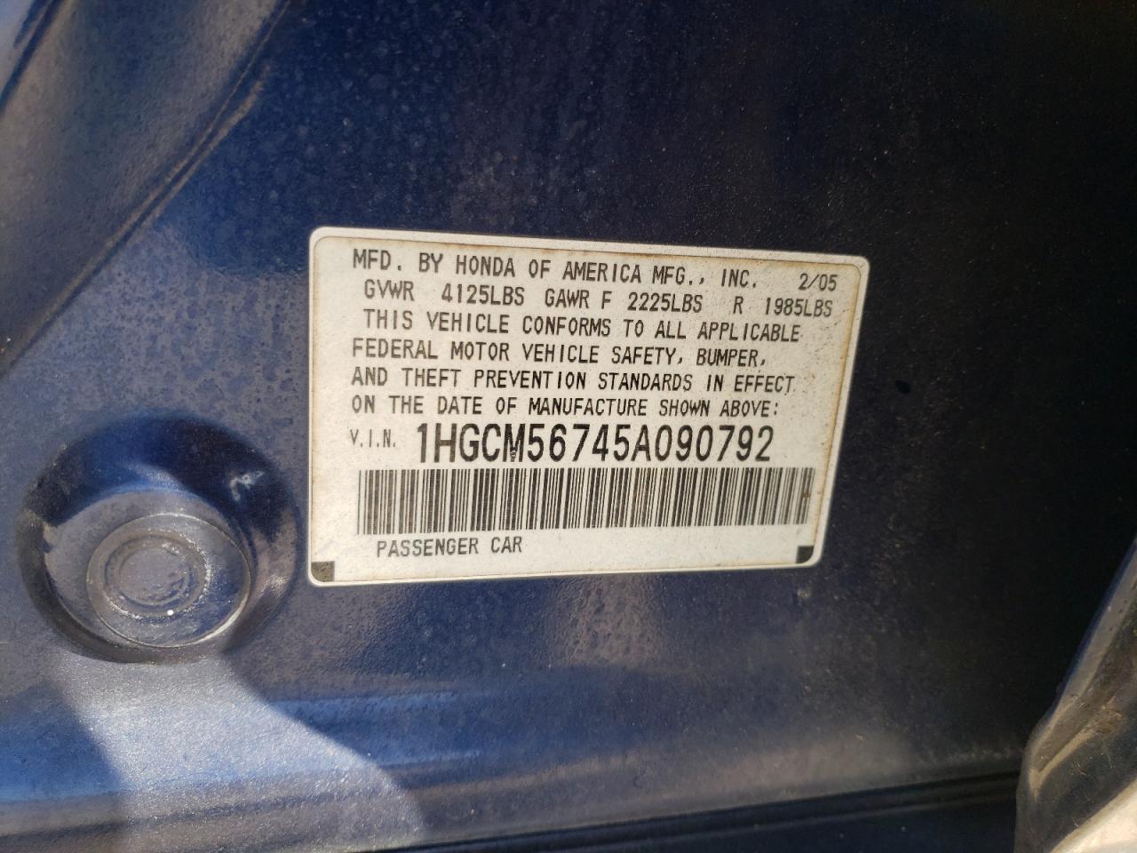 2005 Honda Accord VIN 1HGCM56745A090792 Copart auction photo, front end damage thumbnail 14