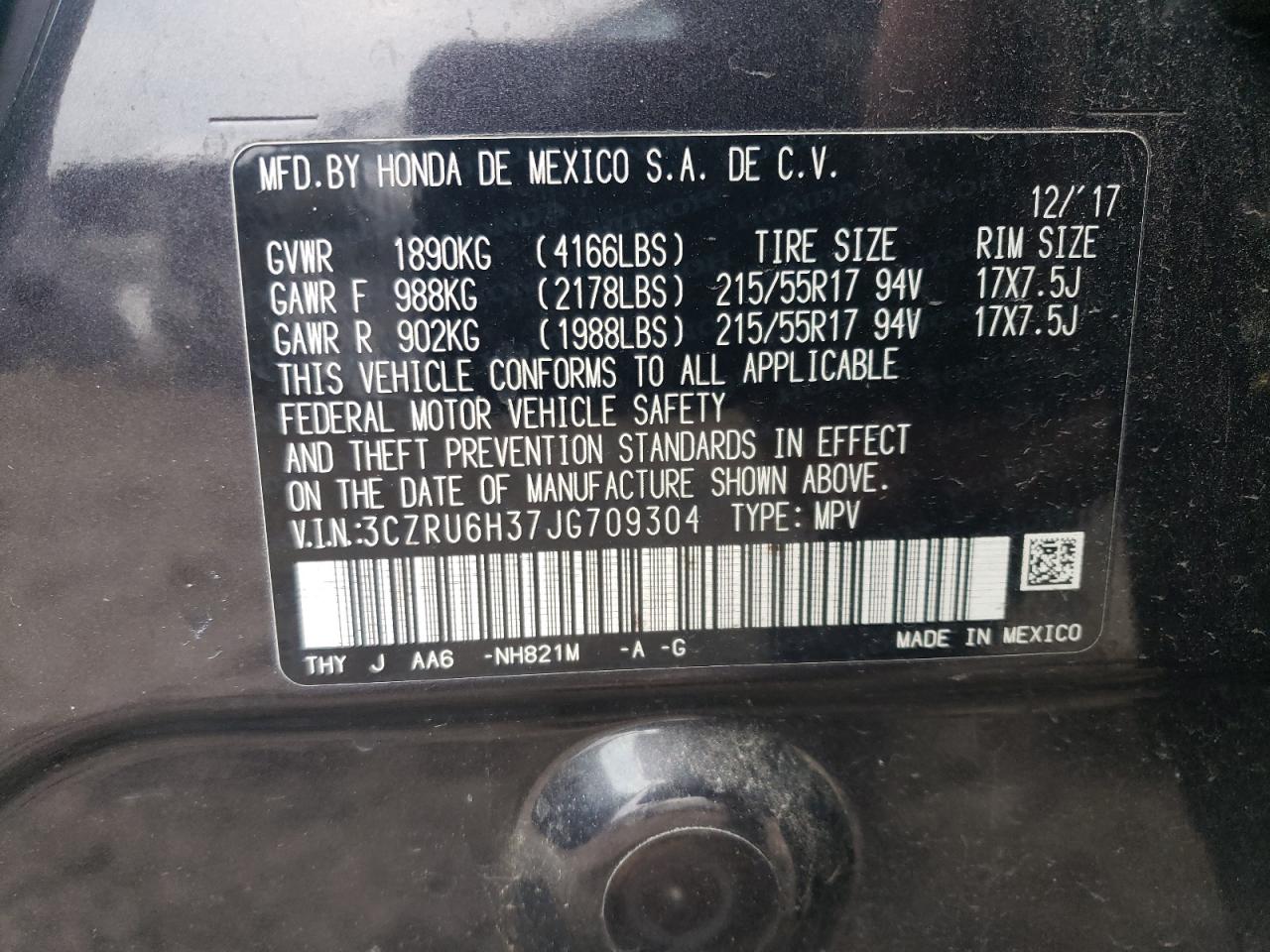 2018 Honda HR-V VIN 3CZRU6H37JG709304 Copart auction photo, front end / side damage thumbnail 12