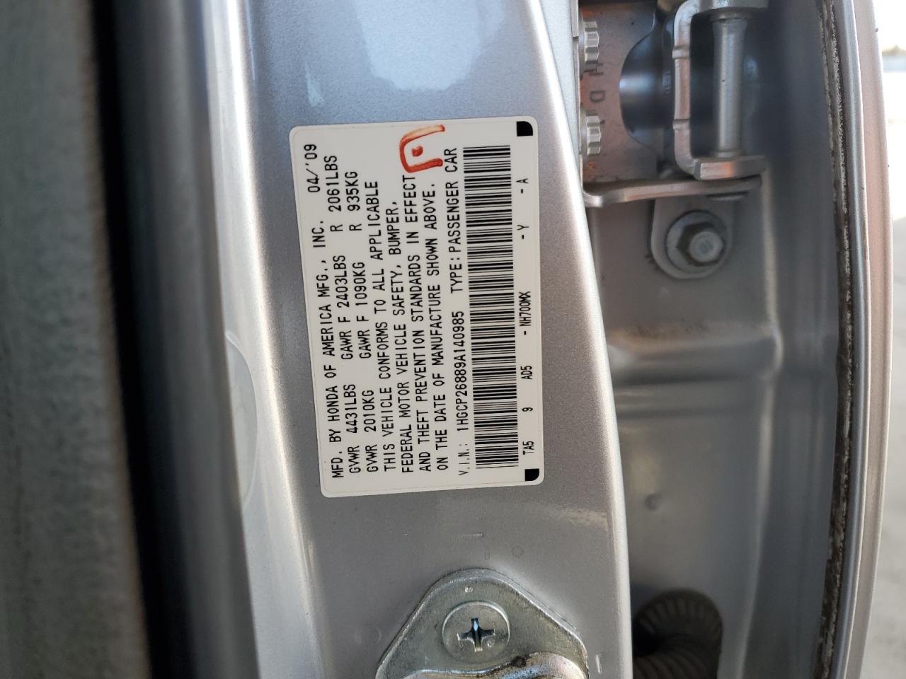 2009 Honda Accord VIN 1HGCP26889A140985 Copart auction photo, side / rear end damage thumbnail 14