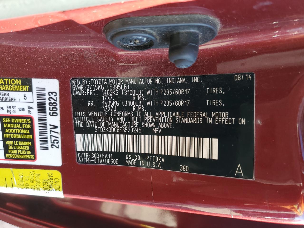 2014 Toyota Sienna VIN 5TDZK3DC8ES523245 Copart auction photo, front end / side damage thumbnail 13