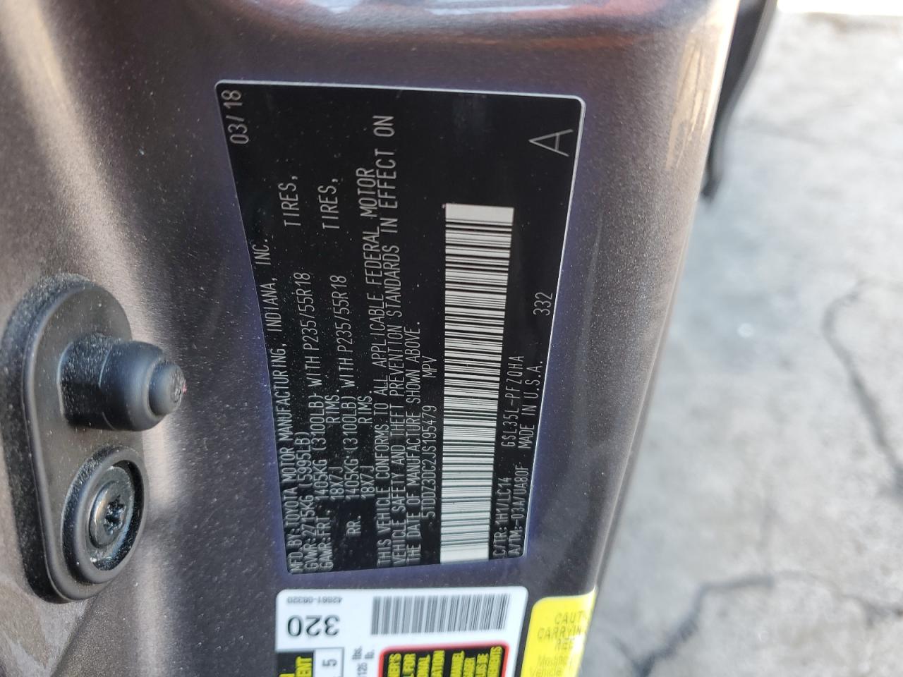 2018 Toyota Sienna VIN 5TDDZ3DC2JS195479 Copart auction photo, front end damage thumbnail 15