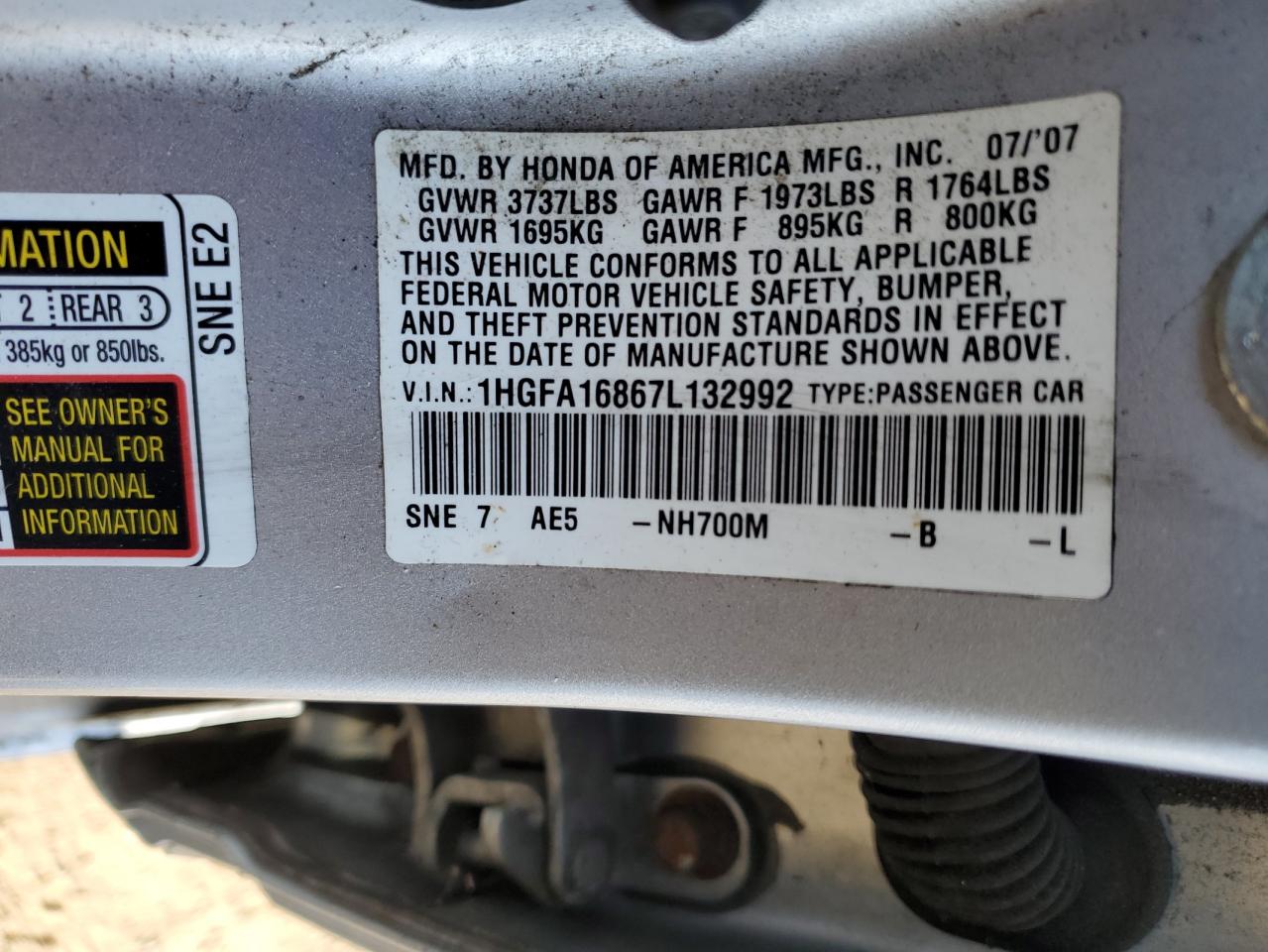 2007 Honda Civic VIN 1HGFA16867L132992 Copart auction photo, front end / rear end damage thumbnail 13