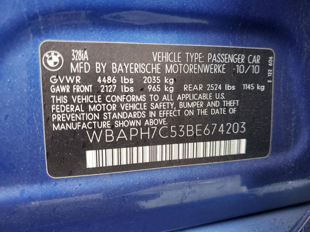 2011 BMW 3er VIN WBAPH7C53BE674203 Copart auction photo, mechanical / minor dent/scratches damage thumbnail 12