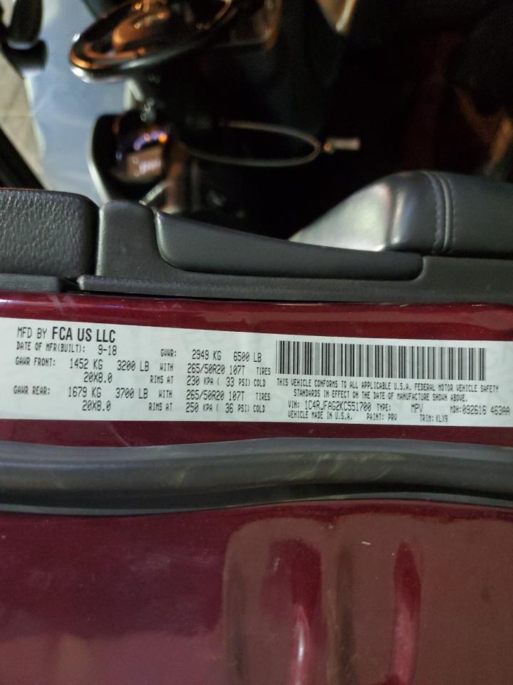 2019 Jeep Grand Cherokee VIN 1C4RJFAG2KC551700 Copart auction photo, front end / side damage thumbnail 13