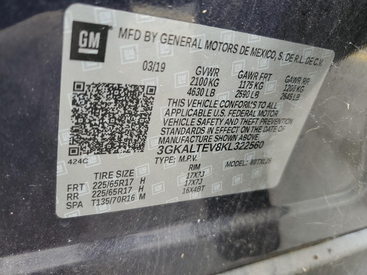 2019 GMC Terrain VIN 3GKALTEV8KL322560 Copart auction photo, rear end / top/roof damage thumbnail 13