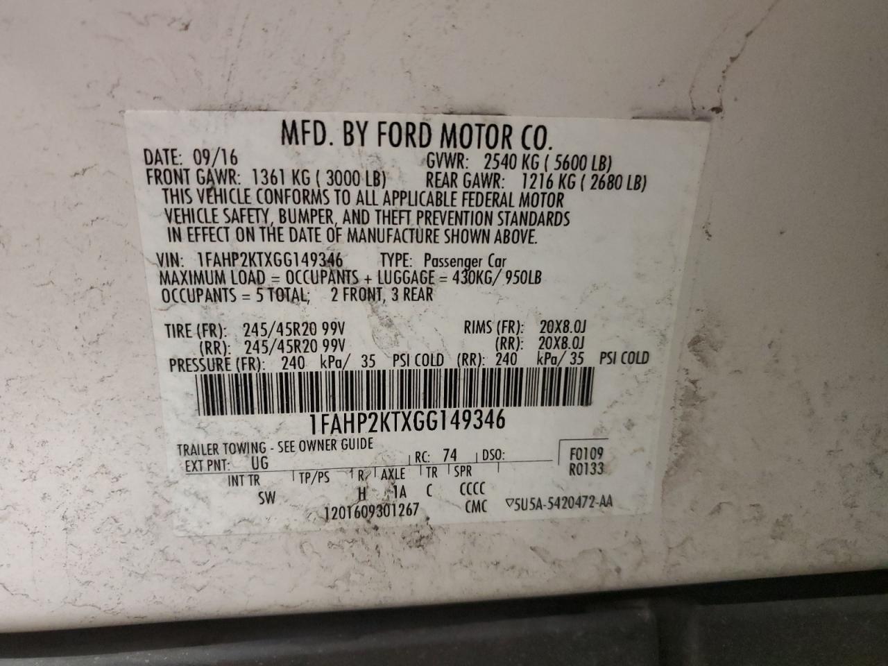 2016 Ford Taurus VIN 1FAHP2KTXGG149346 Copart auction photo, front end damage thumbnail 15