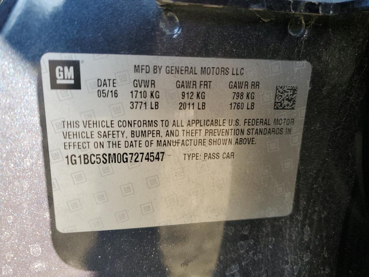 2016 Chevrolet Cruze VIN 1G1BC5SM0G7274547 Copart auction photo, front end / side damage thumbnail 12
