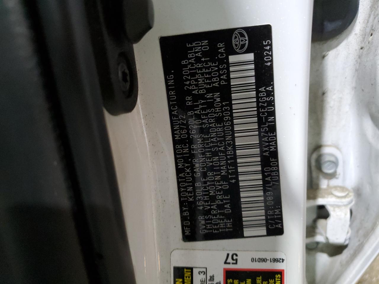 2022 Toyota Camry VIN 4T1F11BK3NU069031 Copart auction photo, rear end damage thumbnail 12
