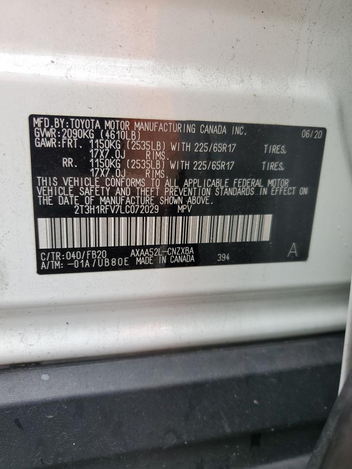 2020 Toyota RAV 4 VIN 2T3H1RFV7LC072029 Copart auction photo, rear end / side damage thumbnail 13
