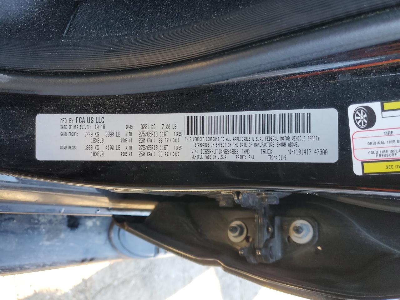 2019 RAM 1500 VIN 1C6SRFJT1KN694883 Copart auction photo, all over damage thumbnail 12