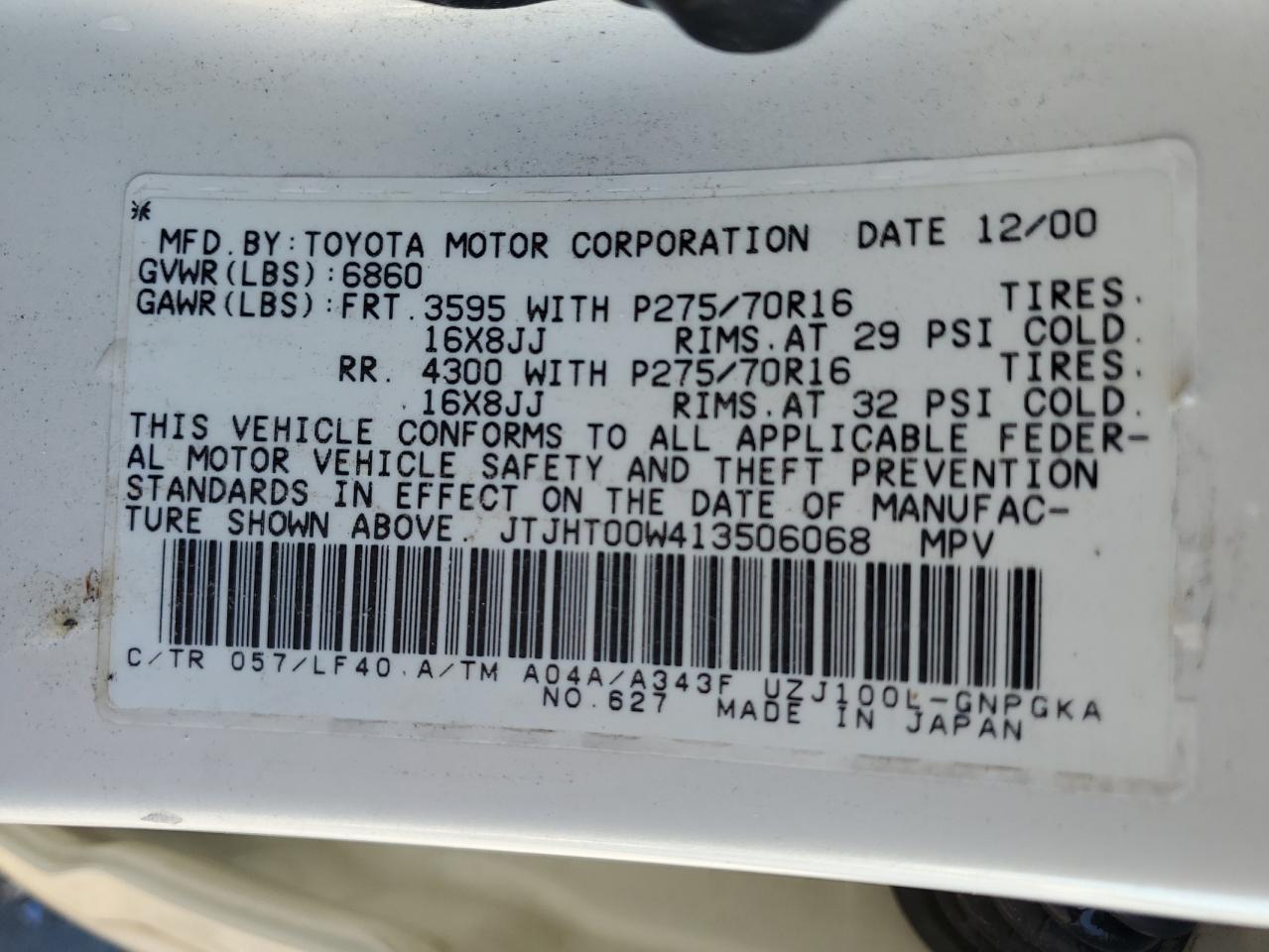 2001 Lexus LX VIN JTJHT00W413506068 Copart auction photo, side damage thumbnail 13